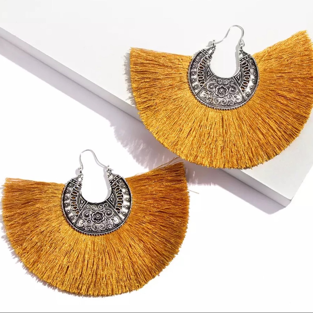Boho Extra Large Mustard & Silver Fringe Earrings